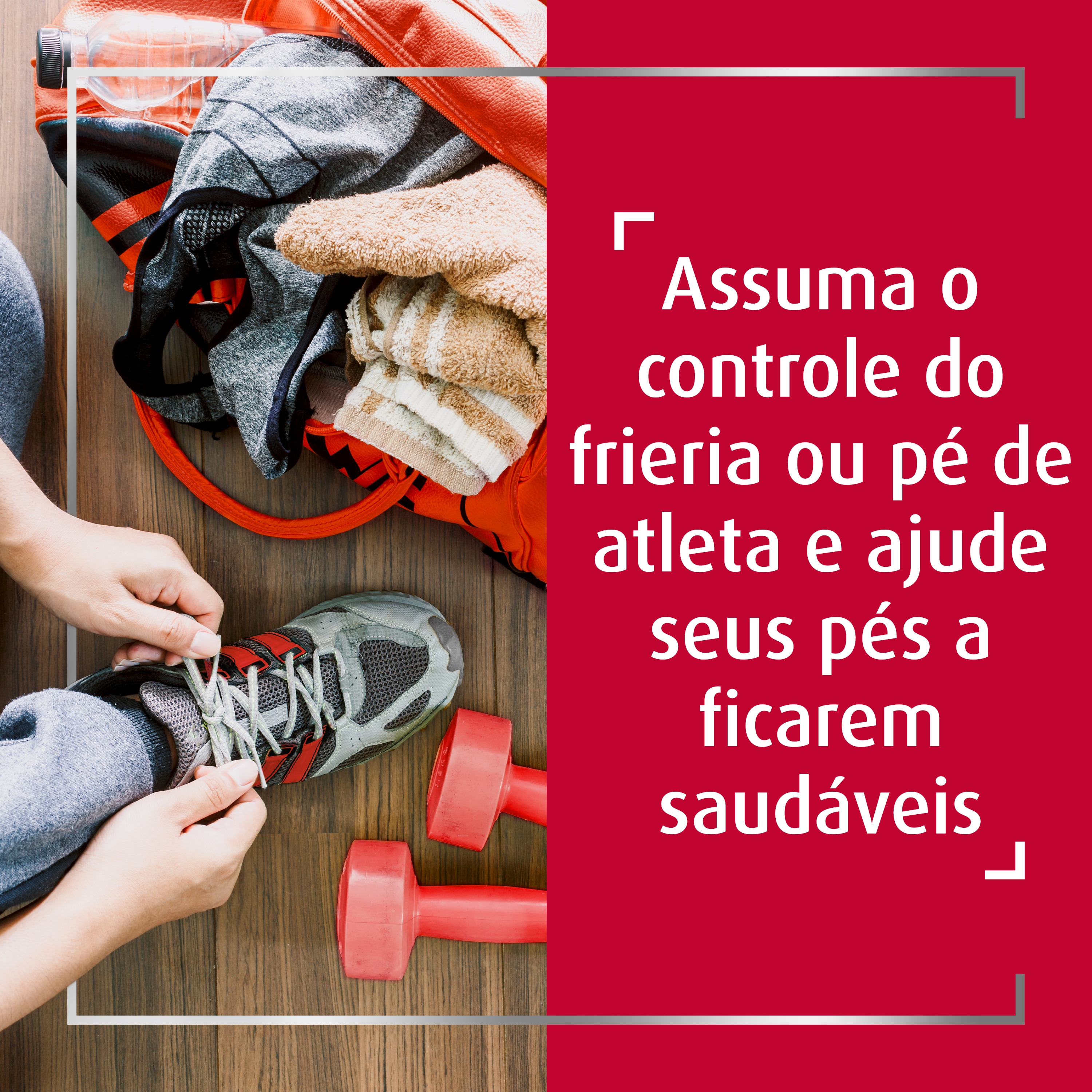 Pessoa ativa amarrando o sapato cinza próximo a halteres no chão na academia, com legenda do lado direito: Assuma o controle do frieira ou pé de atleta e ajude seus pés a ficarem saudáveis 